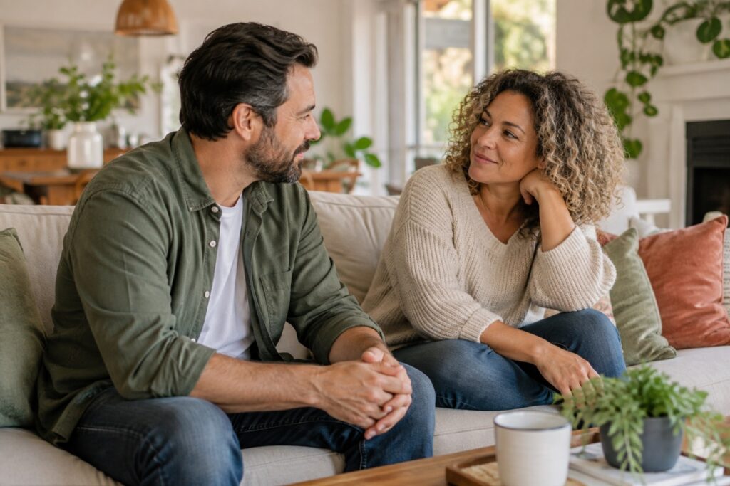 Illustrative image of two adults talking on a sofa