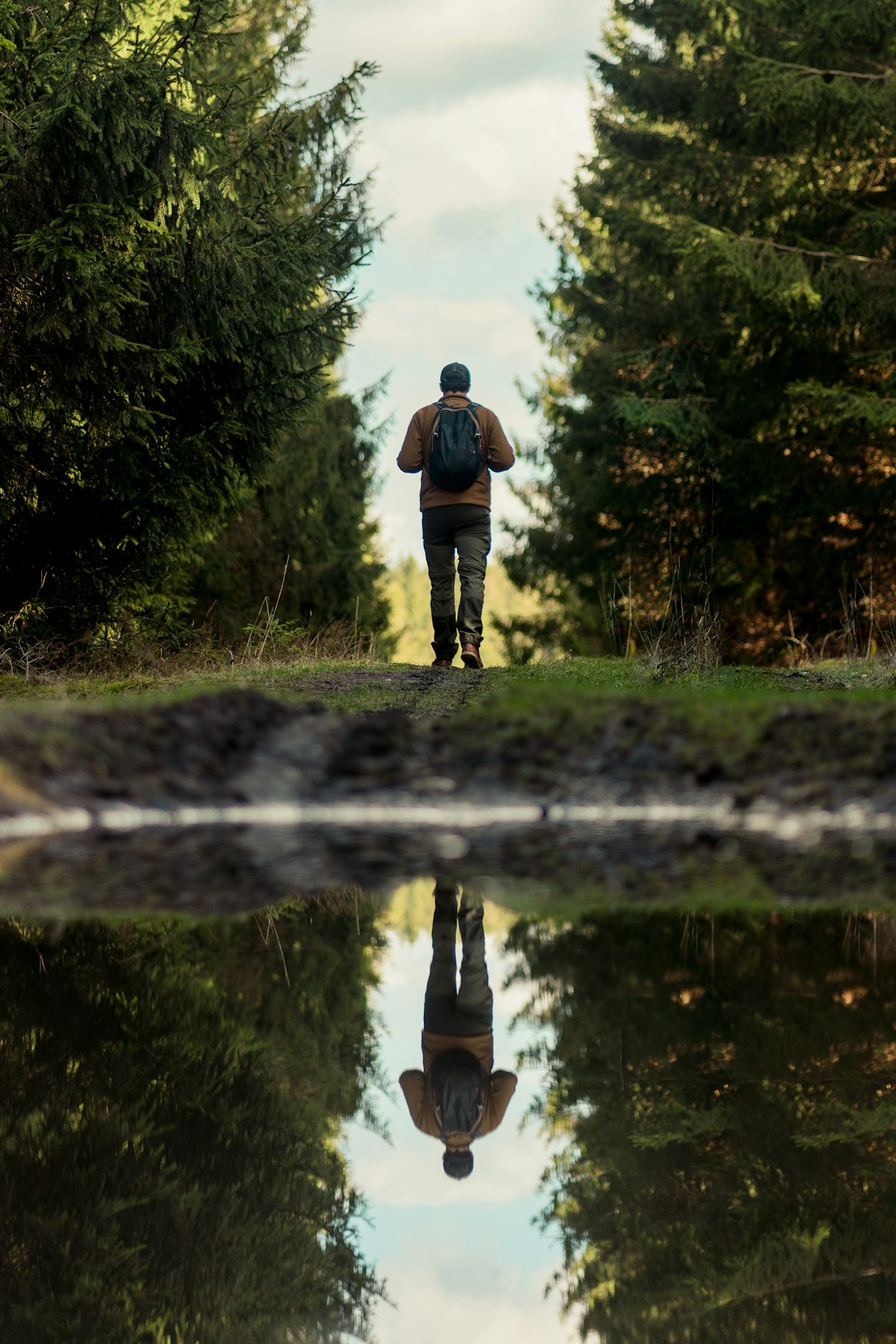 A man walking along a quiet path beside a forest