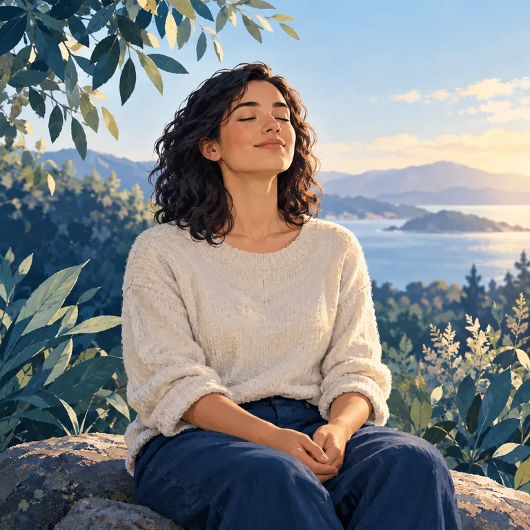 Illustration of a woman resting peacefully outdoors beneath leafy branches in soft daylight.