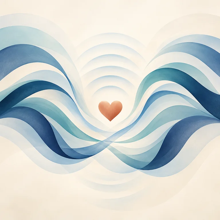 Abstract blue and teal waves surrounding a small heart on a warm ivory background.