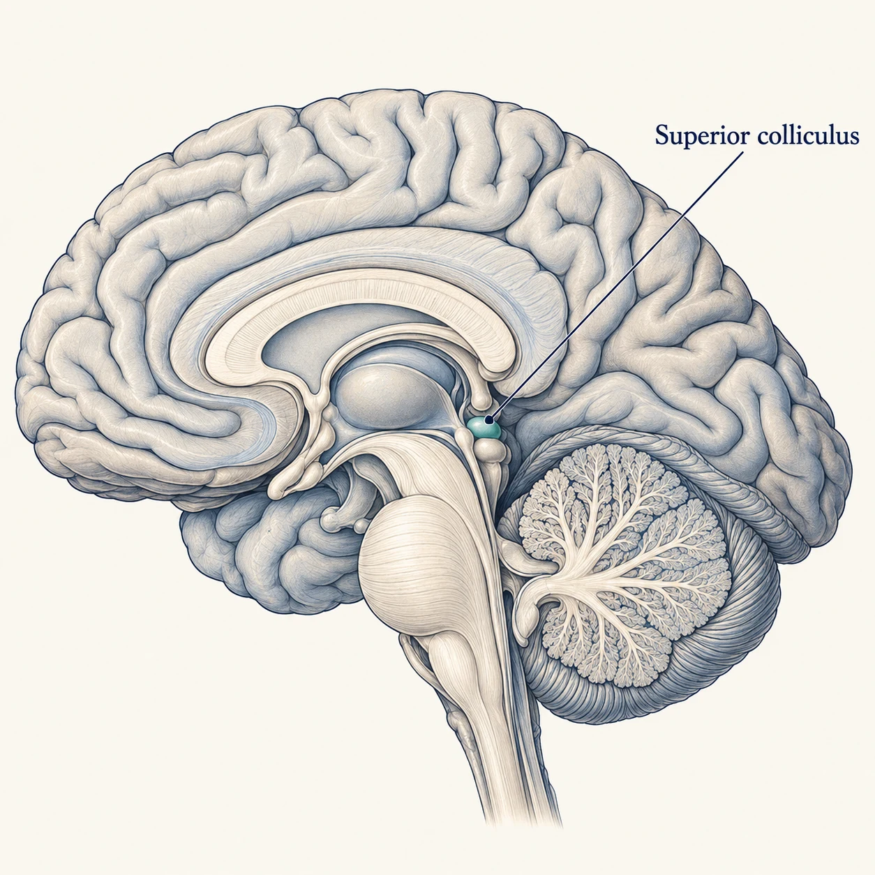 Sagittal brain illustration highlighting the superior colliculus in the dorsal midbrain.